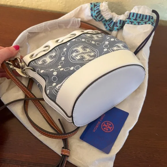 Tory Burch Mini T Monogram Denim Bucket Bag - Picture 6 of 8